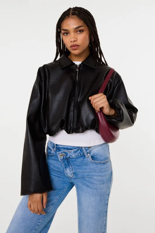 Black Faux Leather Puffball Jacket - Pink Vanilla