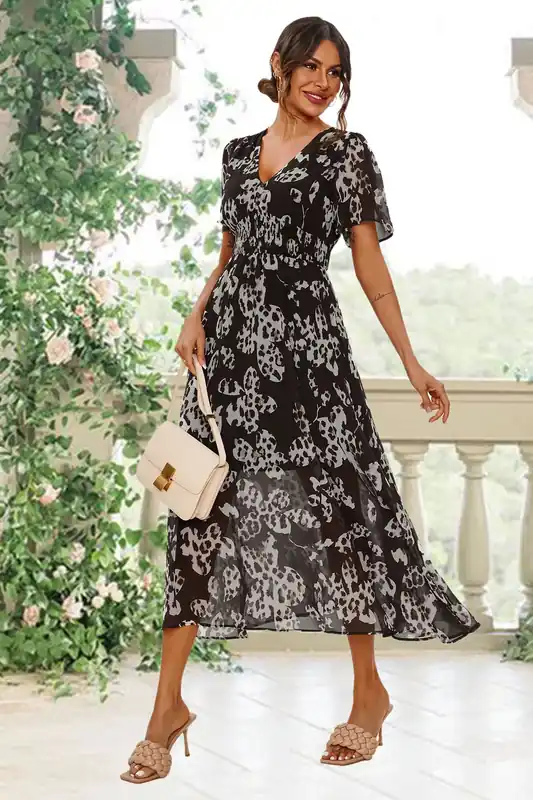 Leopard Floral Print Angel Sleeve Maxi Dress In Black - FS Collection