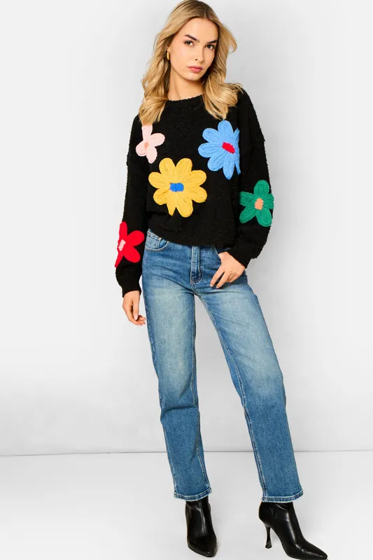 Black 3D Flower Crochet Knitted Jumper - Gini London