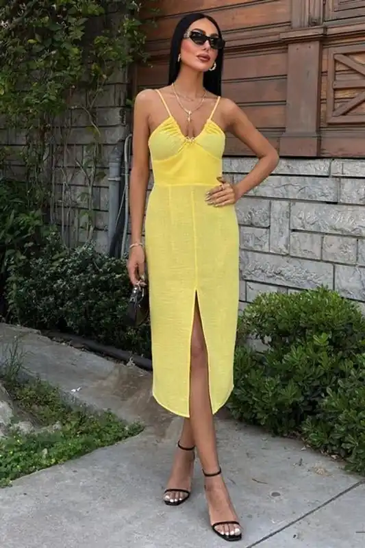 Textured V-Neck Midi Dress with Slit
