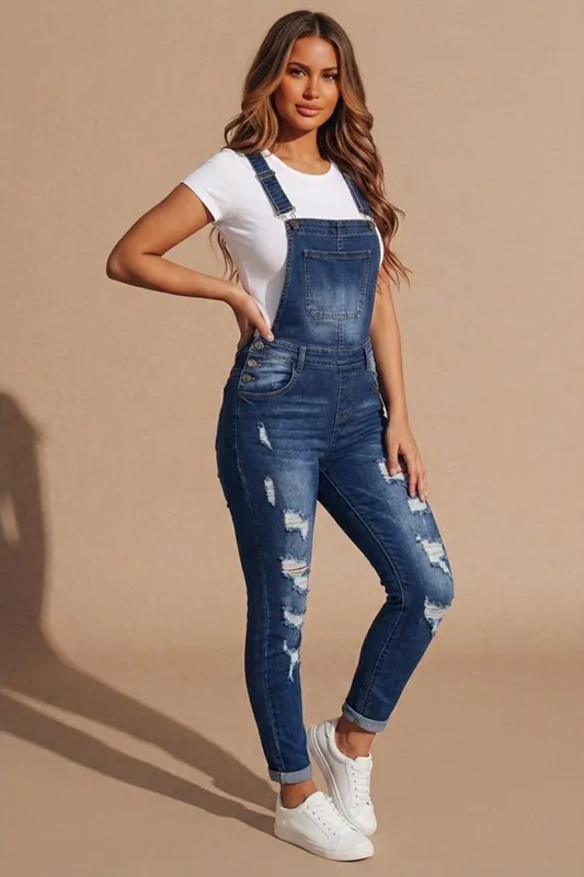 Blue Distressed Denim Skinny Fit Dungaree- Enora