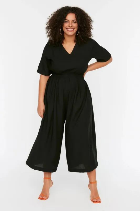 Elastic Waist Wide Leg Jumpsuit with V Neck Detail - WOVCOR