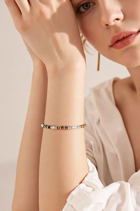 Stainless Steel Stone Beaded Adjustable Bracelet - MODISHION