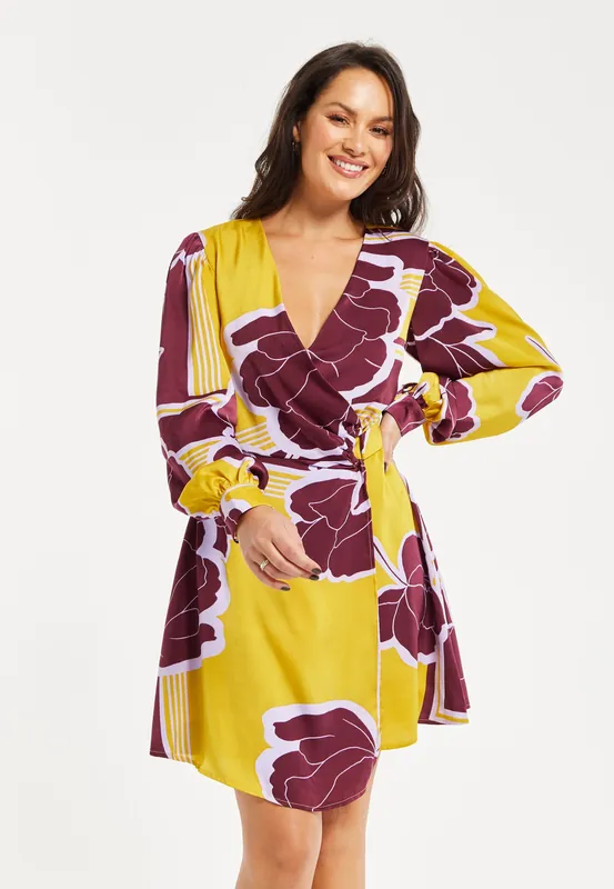Geometric Floral Print Mini Wrap Dress - Liquorish