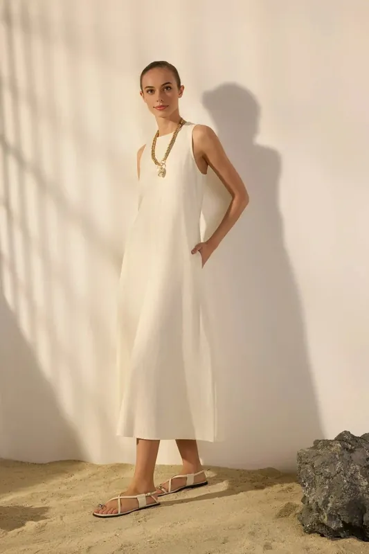 Sleeveless Crew Neck Minimal Midi Dress with Side Split - WOVCOR