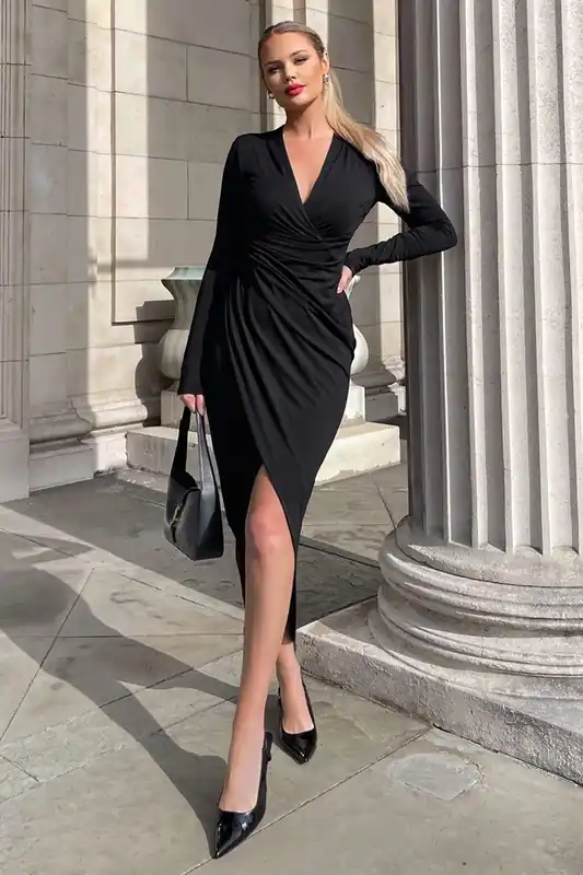 Black Long Sleeve Wrap Midi Dress - AX Paris