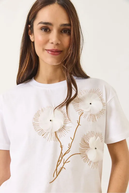 Embroidered Crew Neck Cotton T-Shirt