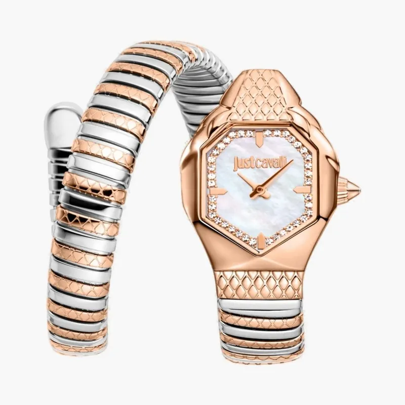 Snake Rose Gold Color White MOP Dial Two Tone Stainless Steel Watch - Just Cavalli