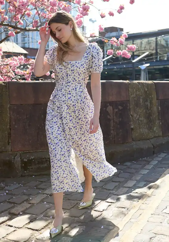 April Button Front Floral Print Midi Dress In Multi - Lily and Lionel