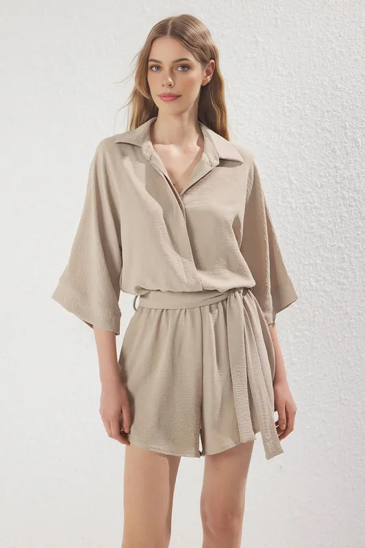Collared Batwing Sleeve Belted Mini Jumpsuit - WOVCOR