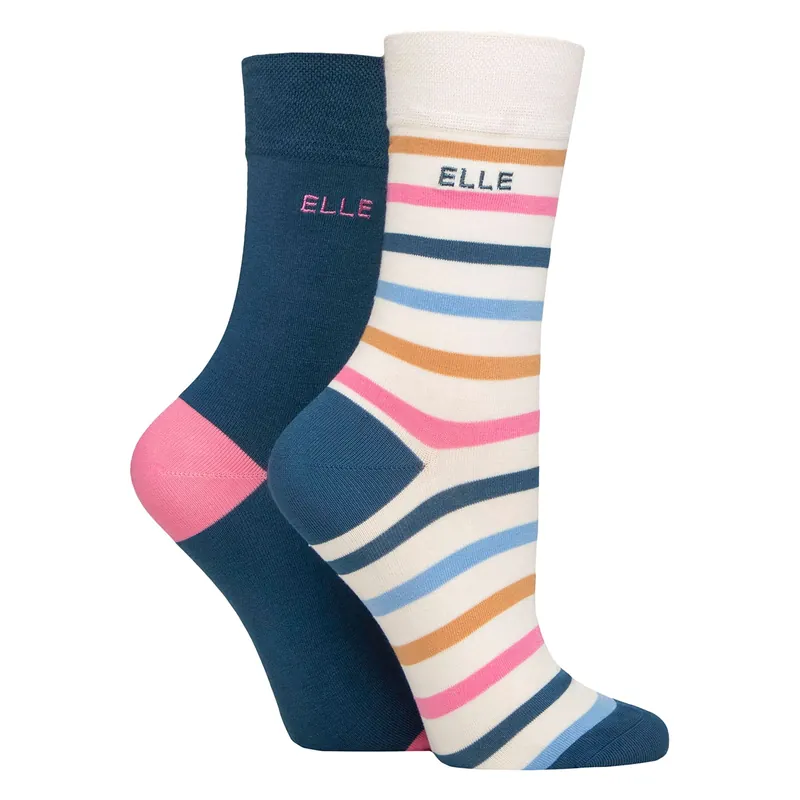 2 Pack Ladies Striped & Plain Bamboo Socks - ELLE