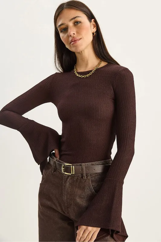 Slim Fit Crew Neck Long Sleeve Blouse - Bianco Lucci