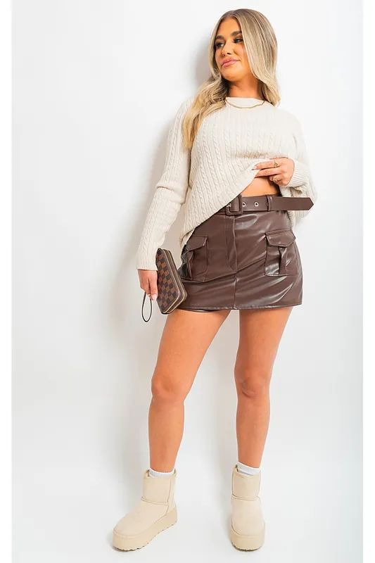 Luisa Faux Leather Pocket Belted Cargo Skort - IKRUSH