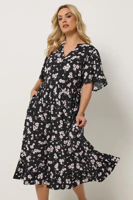 Ditsy Half Placket Midi Dress - Yours