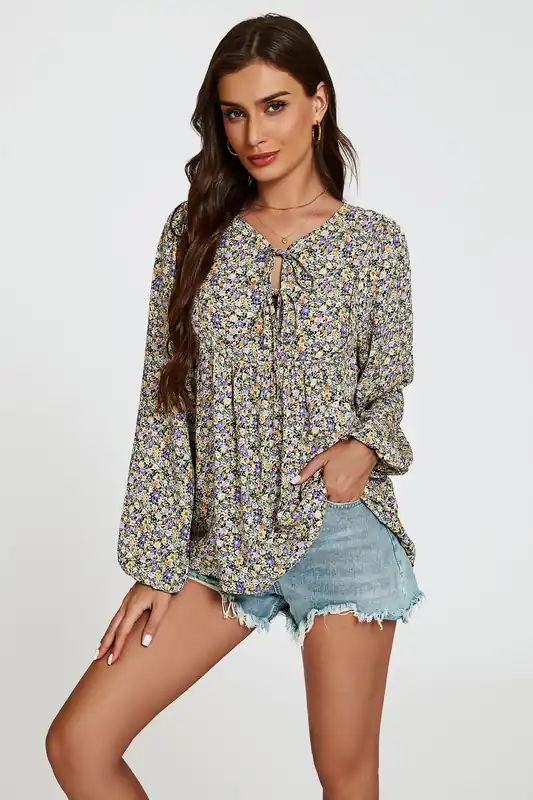 Floral Print long sleeve Blouse Top In Purple - FS Collection