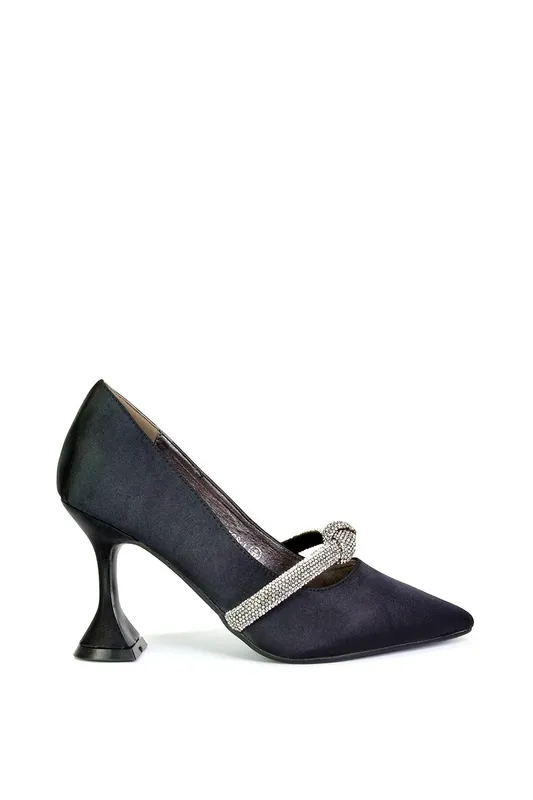 Beau' Diamante Trim Satin Court Shoes Satin Point Toe Mid High Heel - XY London