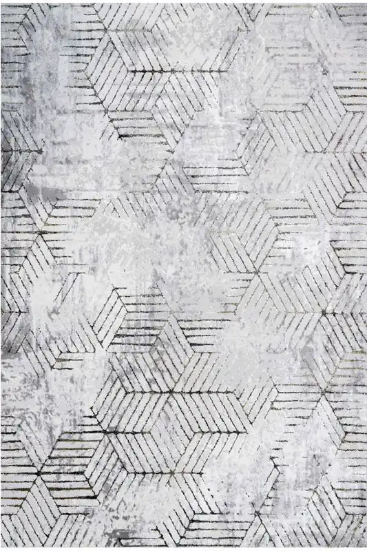 Grey Gold Distressed Abstract Geometric Motif Rug - Kukoon