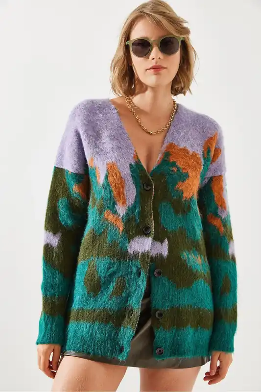 Long Thick Jacquard Cardigan with Button Closure - Bianco Lucci