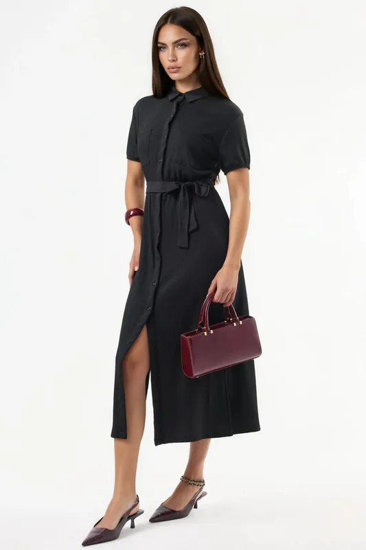 Belted Midi Shirt Dress - Busem