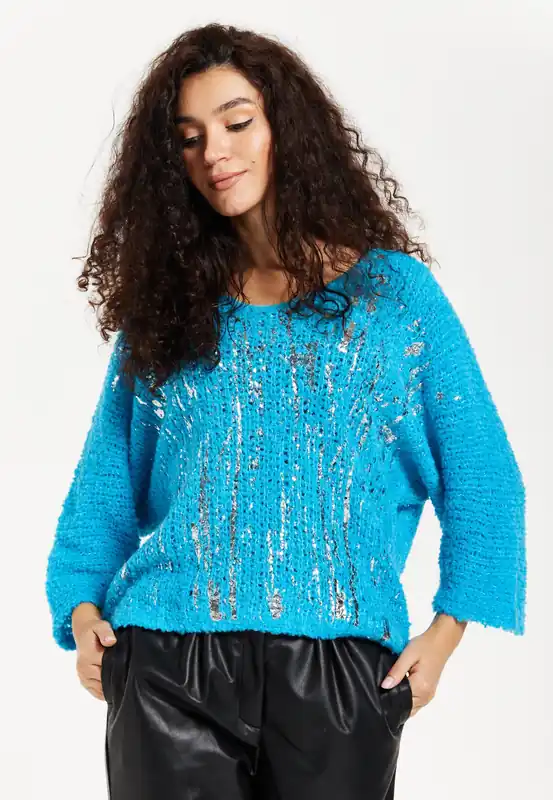 Blue Loose Knit Jumper With Metallic Detail - Liquorish