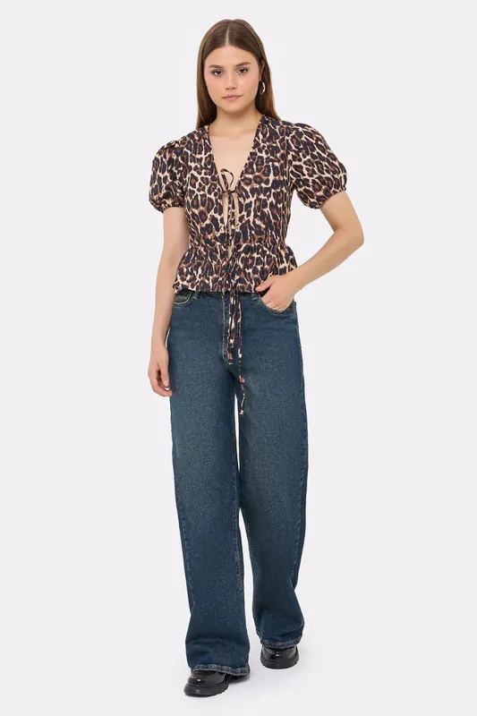 Animal Print Balloon Sleeve Blouse with Tie Front - Hiccup
