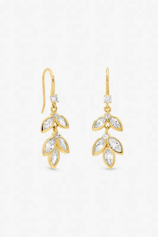 Gold Plated and Crystal Leaf Drop Fish Hook Earrings - Jon Richard