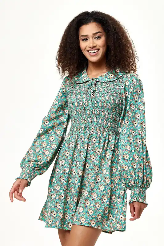 Floral Print Smock Mini Dress with Peter Pan Collar in Green - Liquorish