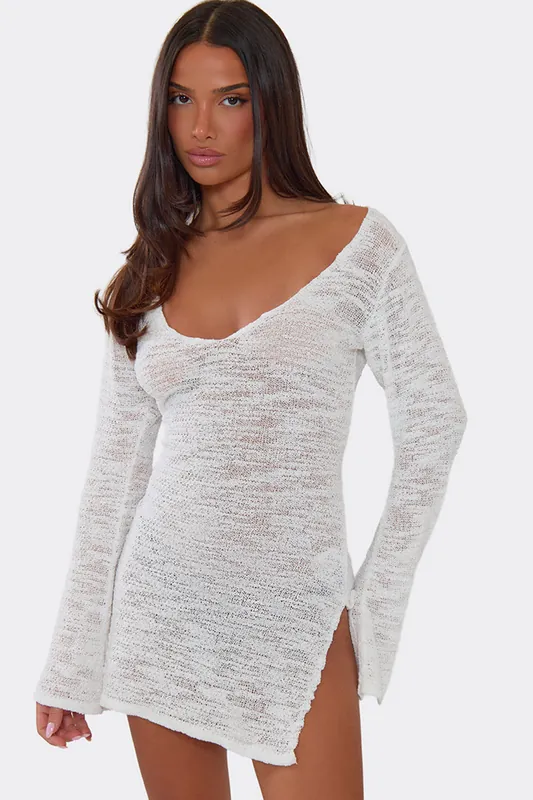 Long Sleeve Split Hem Knit Mini Dress - EGO