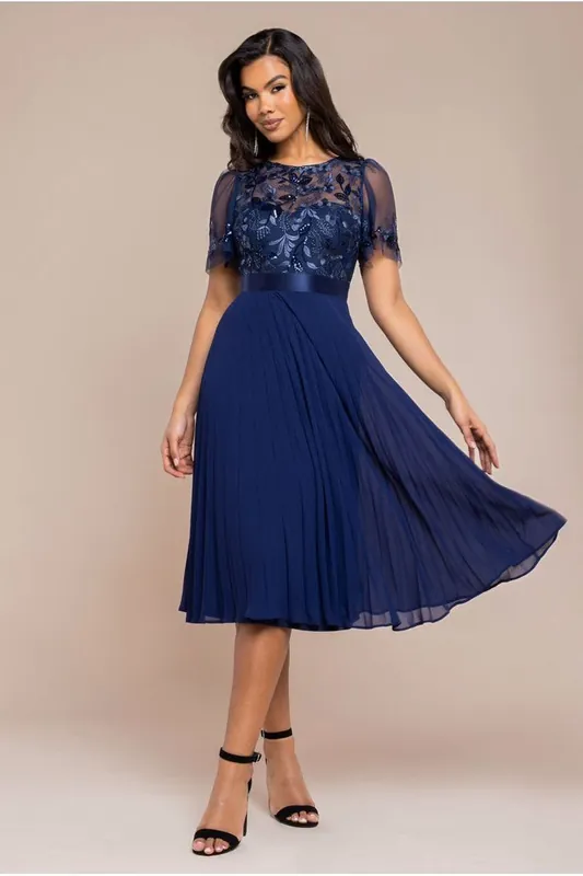 Embroidered Top Chiffon Pleated Midi - Goddiva