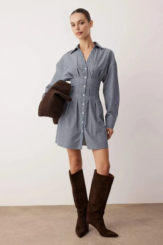 Button Front Mini Woven Shirt Dress with Defined Waist - WOVCOR