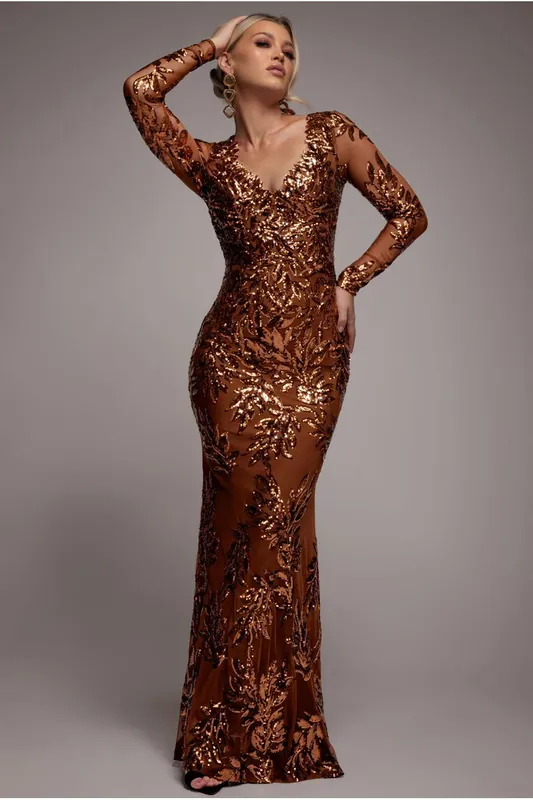 Sequin Leaf Long Sleeve Maxi Dress - Goddiva
