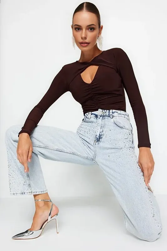 Cut-Out Detail Ruched Long Sleeve Knit Bodysuit