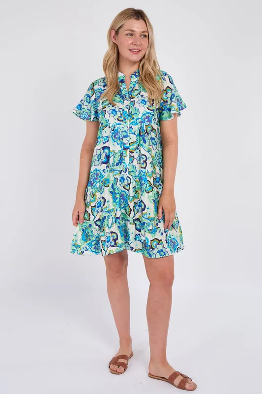 Blue Bloom Ruffle Hem Mini Shirt Dress - Love Sunshine
