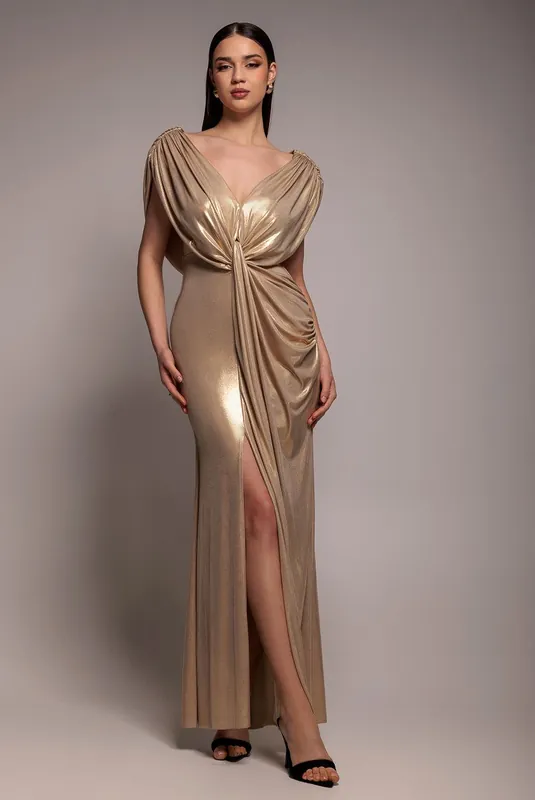 Cowl Plunge Draped Foil Maxi Dress - Goddiva