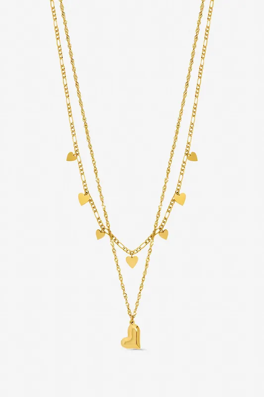 Gold Plated waterproof Heart Double Row Necklace - Jon Richard