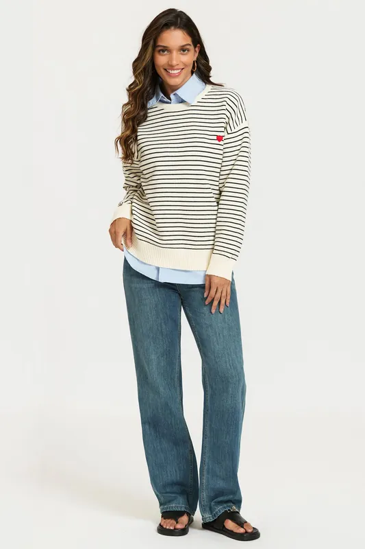 Little Heart Embroidery Stripe Pattern Jumper Top In White - FS Collection