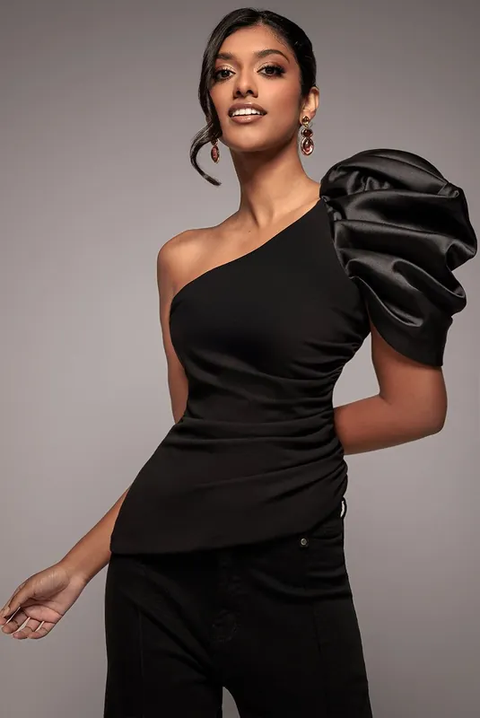 One Shoulder Puffed Satin Sleeve Asymmetric Scuba Top - Goddiva