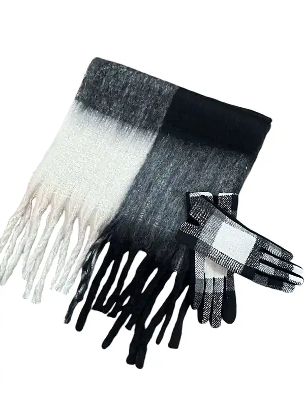 Black White Check Scarf & Gloves Set - SVNX