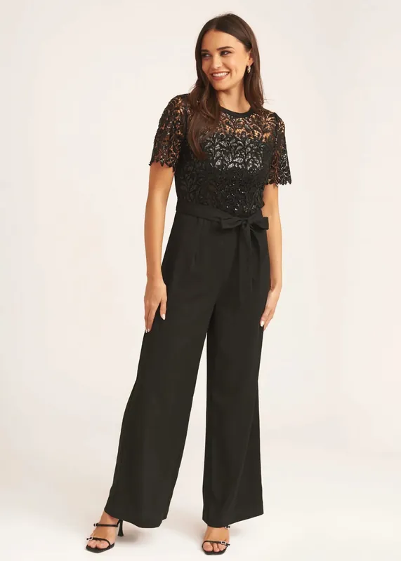Black Floral Lace Sequin Belted Occasional Jumpsuit - Gini London