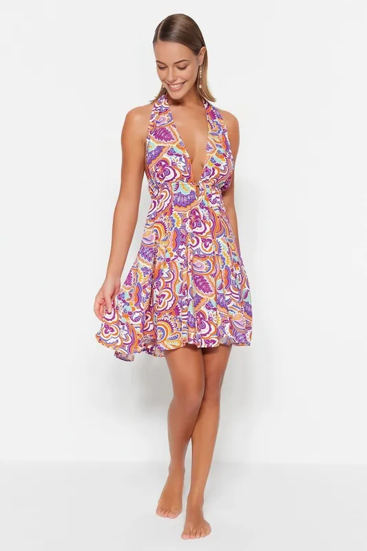 Abstract Print Woven Backless Beach Mini Dress - WOVCOR