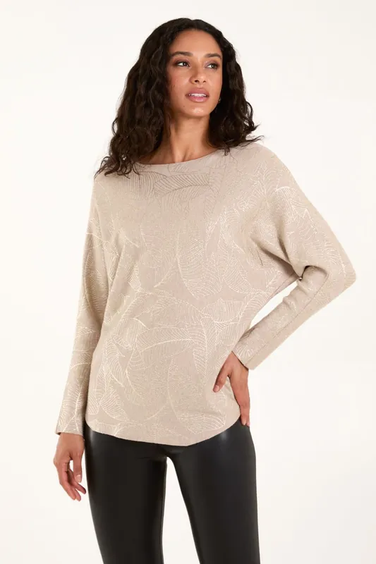 Foil Leaf Print Round Neck Jumper - Blue Vanilla