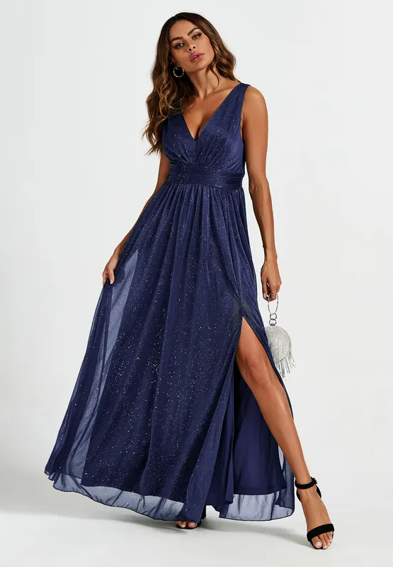 Sparkly V Neck Bridesmaid Maxi Dress In Navy - FS Collection