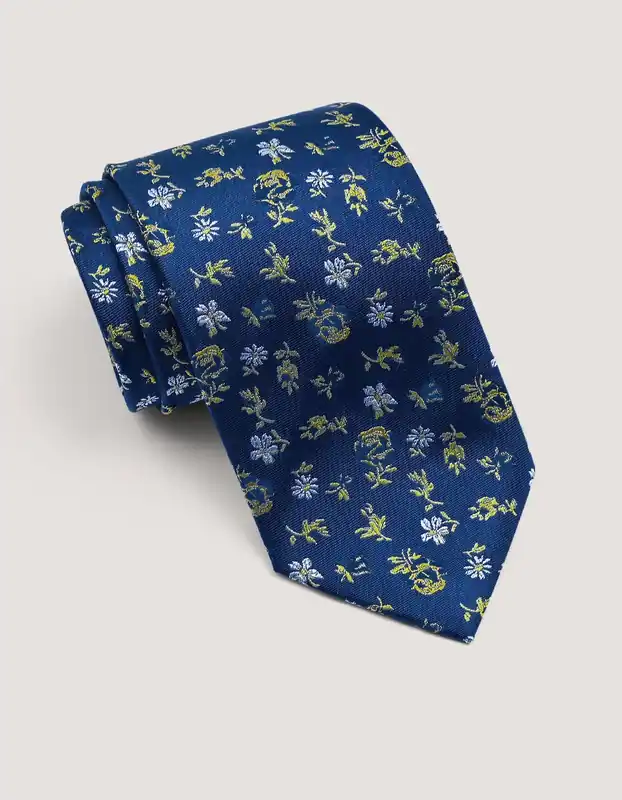 Navy and Golden Yellow Floral Silk Tie - Brian Oak