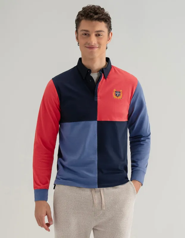 Navy and Red Colour Block Rugby Shirt - Brian Oak