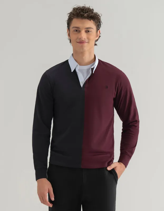 Black and Maroon Colour Block Rugby Shirt - Brian Oak