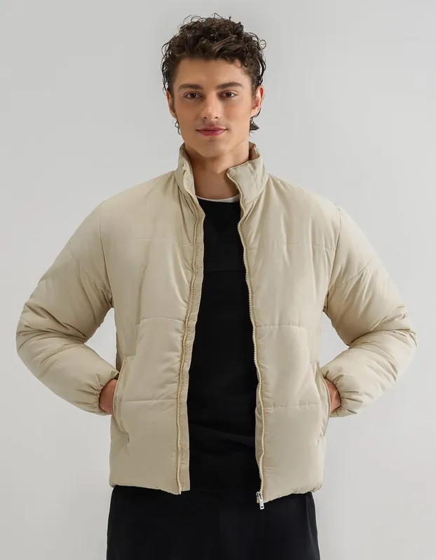 Cream Mock Neck Puffer Jacket - Brian Oak