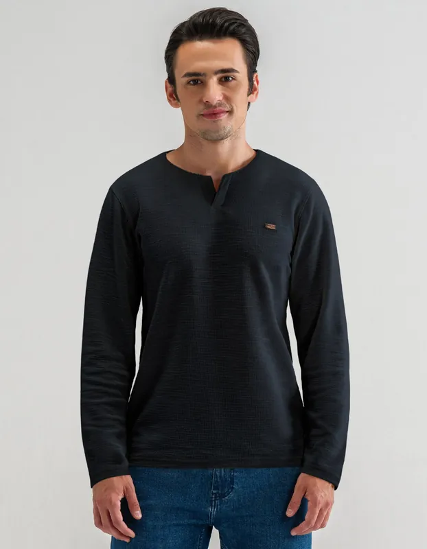 Black Long Sleeve Textured Crew Neck T-Shirt