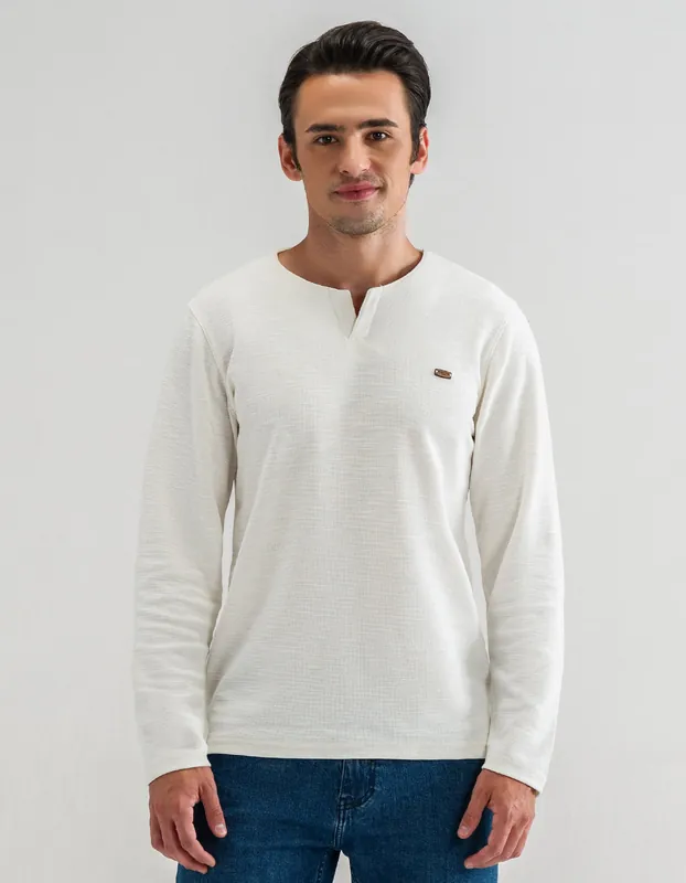 Off White Long Sleeve Textured Crew Neck T-Shirt