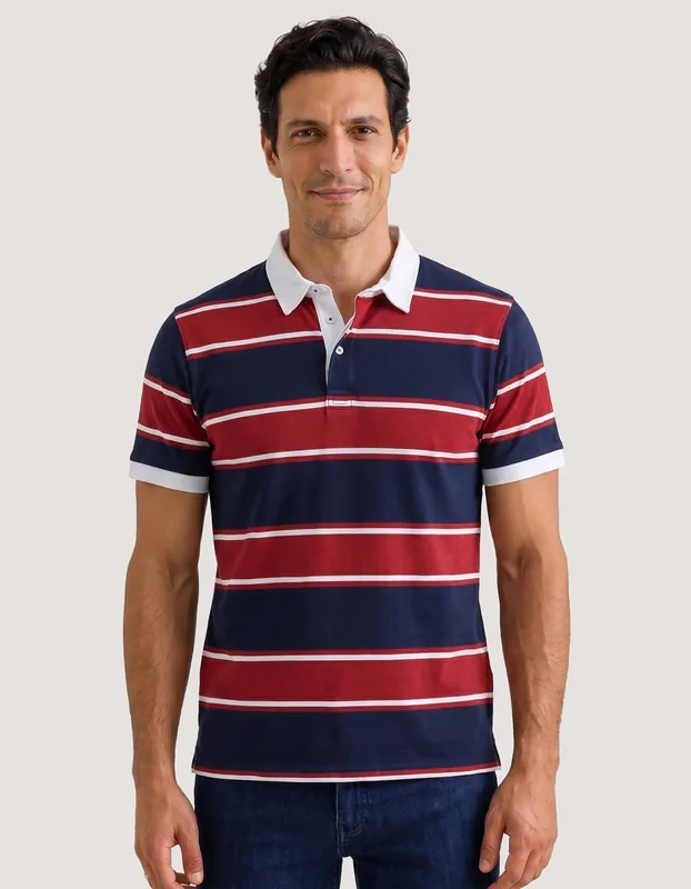 Multi Striped Contrast Collar Polo Shirt - Brian Oak