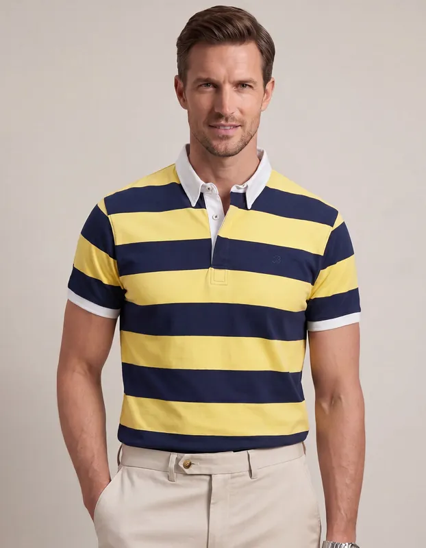 Yellow Striped Contrast Collar Cotton Polo Shirt - Brian Oak